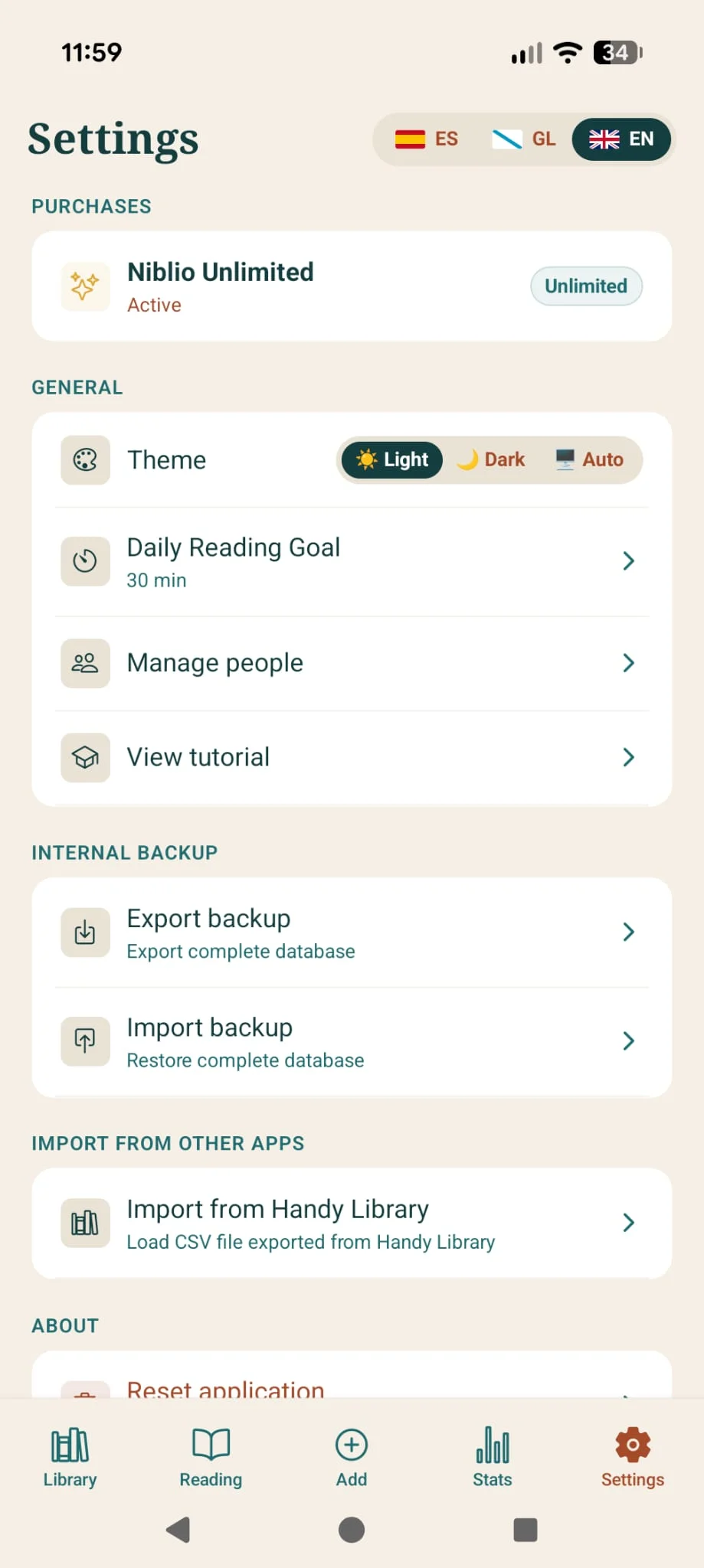 Settings screen