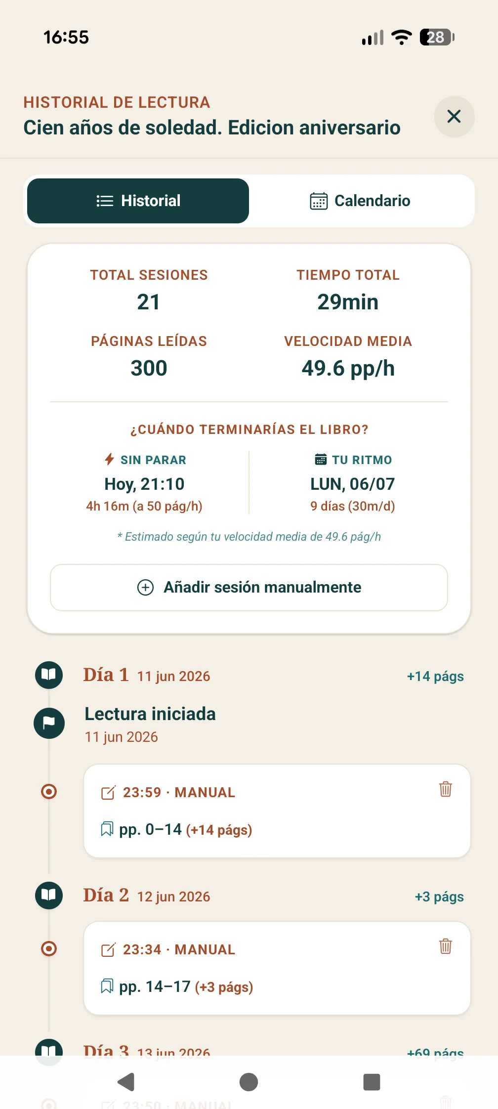 Historial detallado de sesiones de lectura