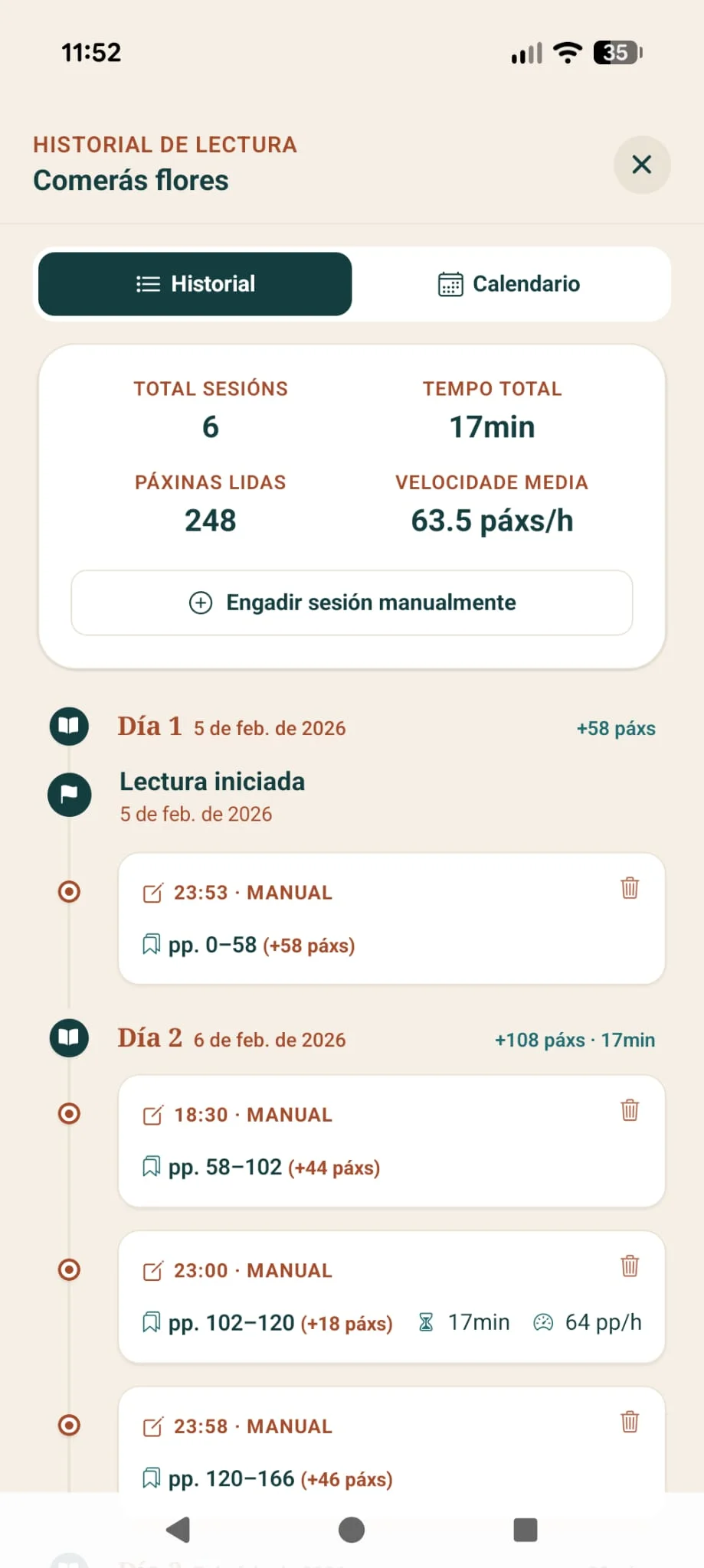 Historial detallat de sessions de lectura