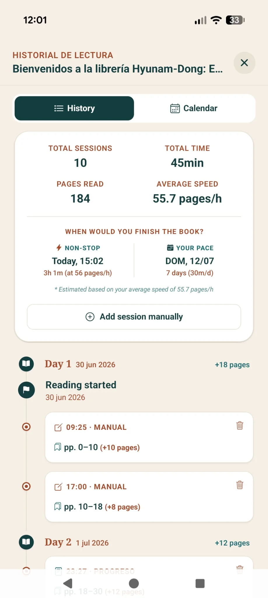 Detailed reading sessions history