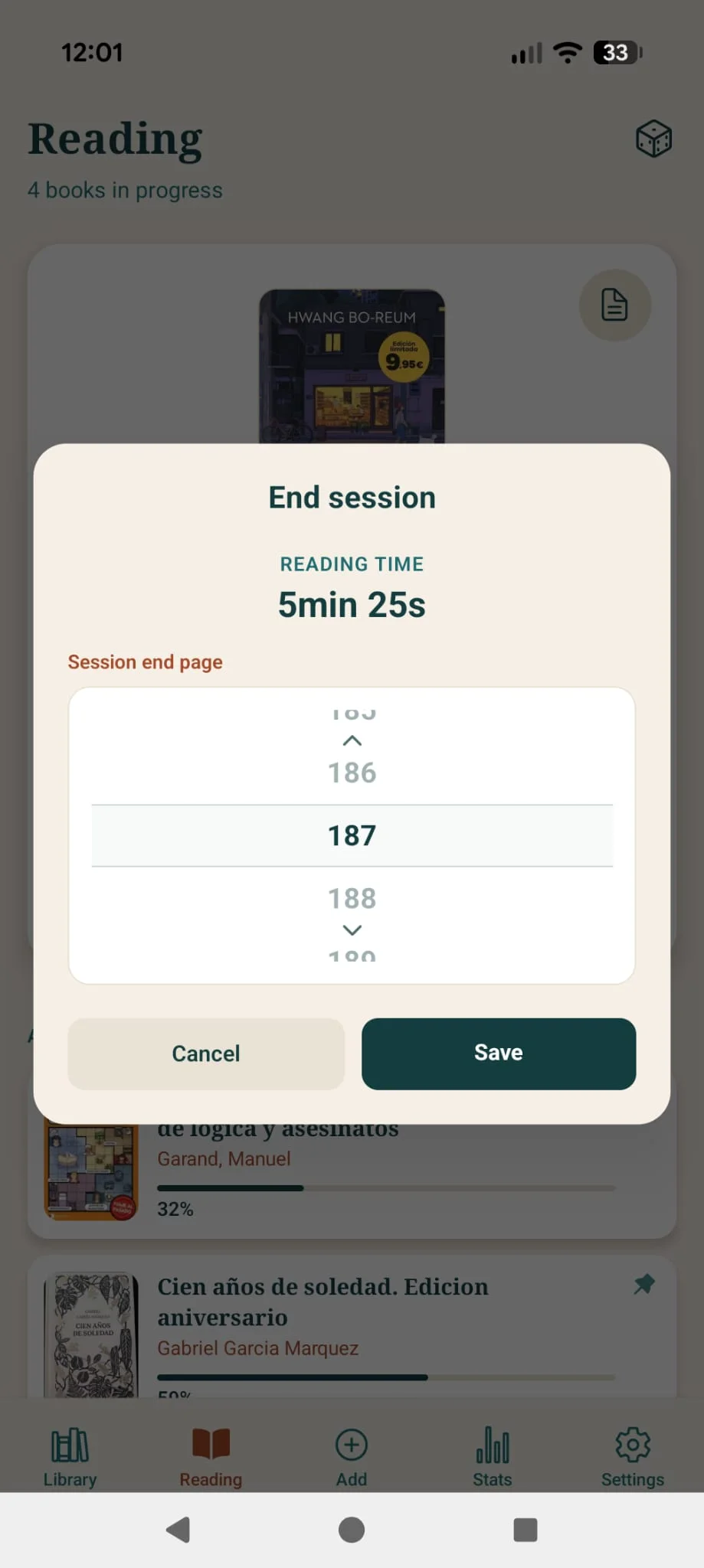 Save reading session screen