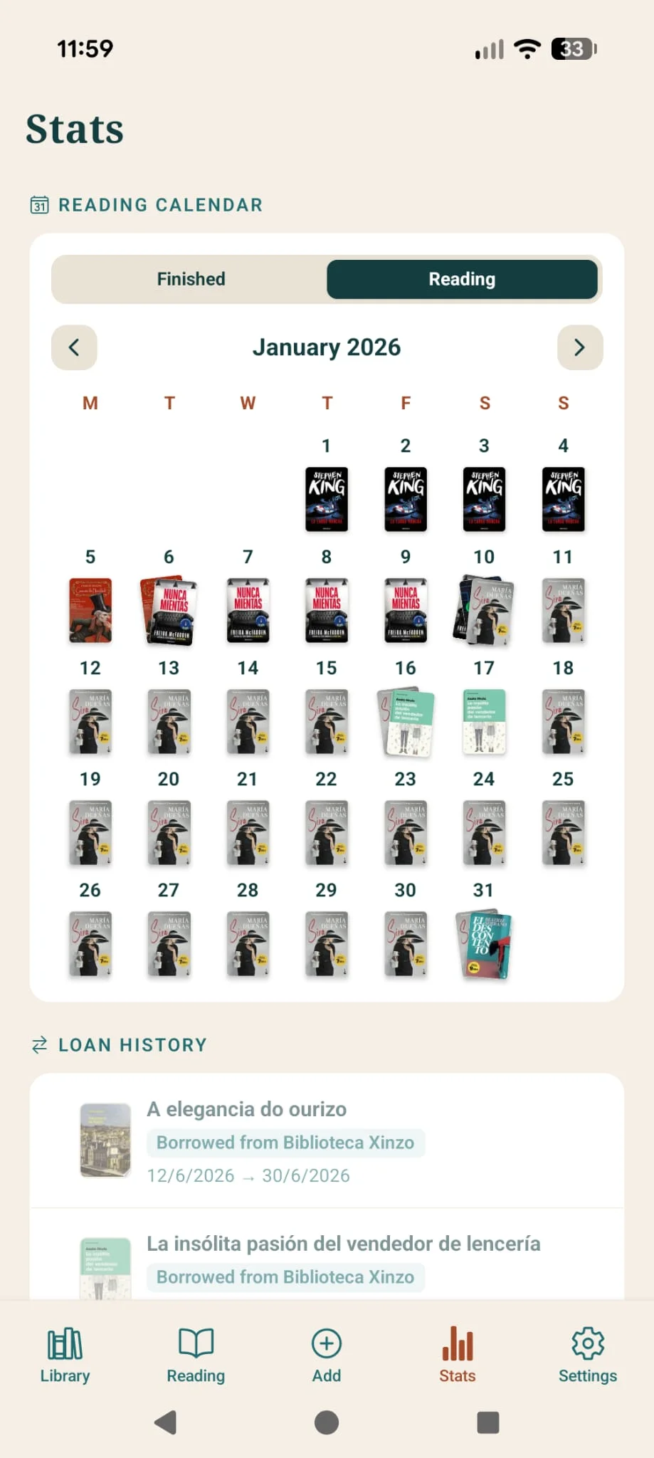 Reading calendar with book covers