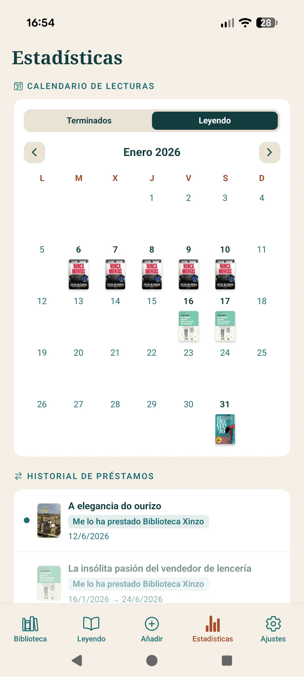 Calendario de lecturas con portadas de libros